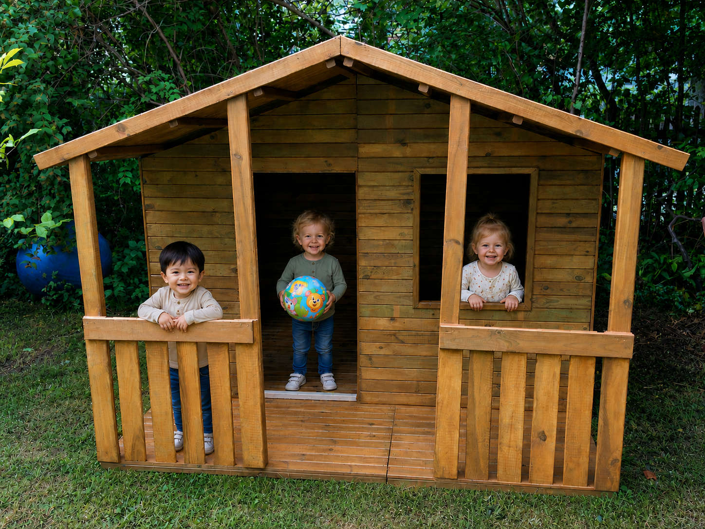 Drei fröhliche Kinder spielen lachend mit einem bunten Ball in und an unserem großen Holzspielhaus auf dem Rasen.