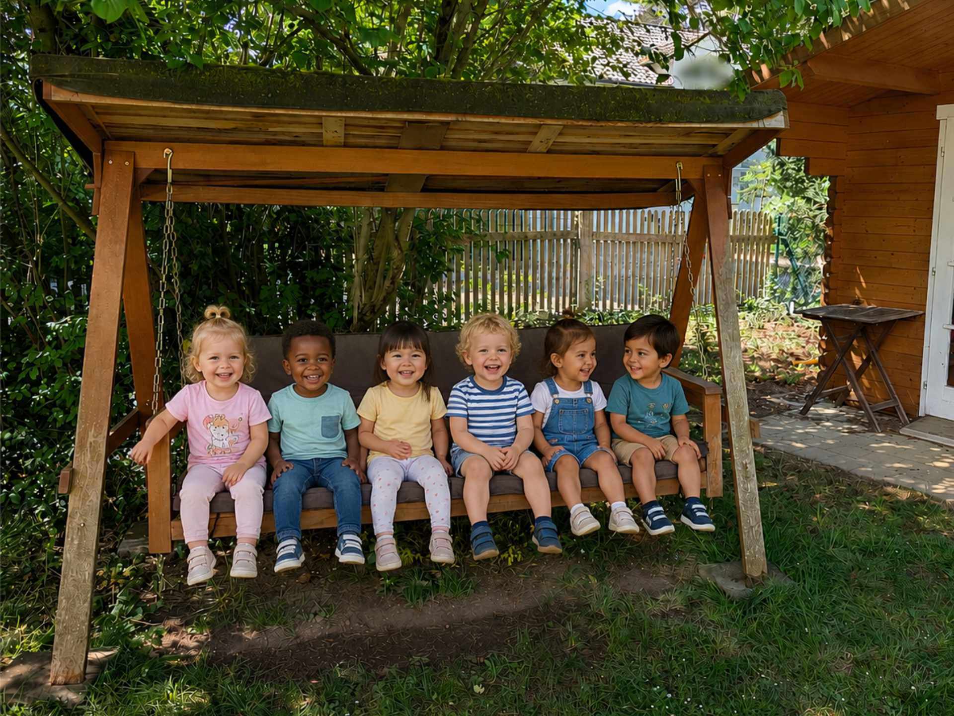 Sechs glückliche, lachende Kinder sitzen gemütlich nebeneinander auf unserer großen, überdachten Holzschaukelbank im sonnigen Garten.
